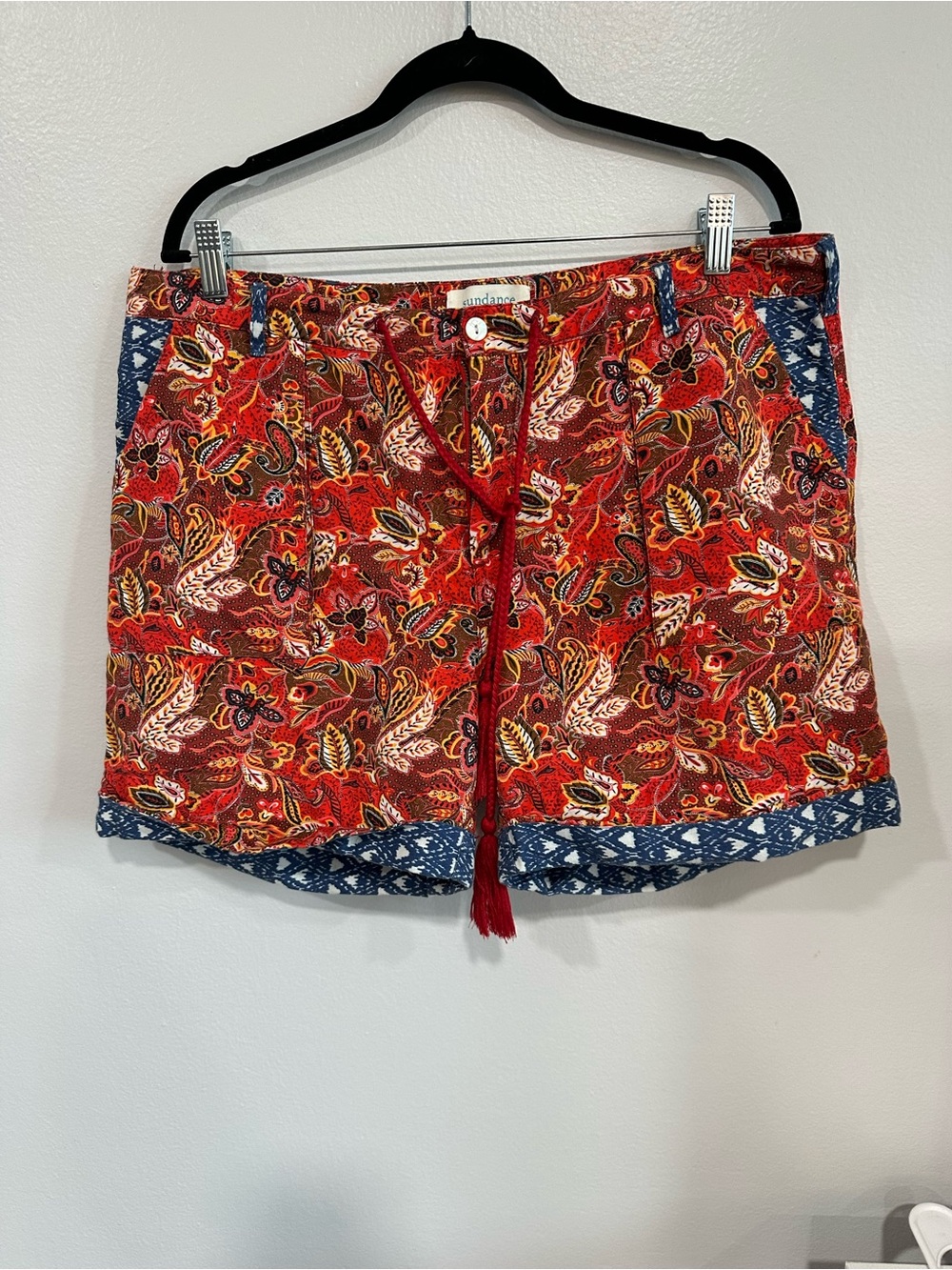 Sundance Women’s Large Boho Paisley Linen Blend Tassel Tie Shorts Red Floral